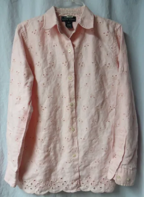 Ralph Lauren Women Pink Eyelets Roll-Up Long Sleeve Button Cotton Shirt Sz S /PS