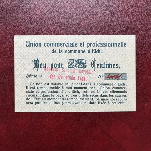 LUXEMBOURG Bon 25 Centimes 1918 NEUF Union Commerciale d’EICH Émission Necessité