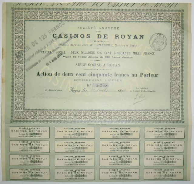 Société des CASINOS de ROYAN action de 250 Frs 1898  Rare