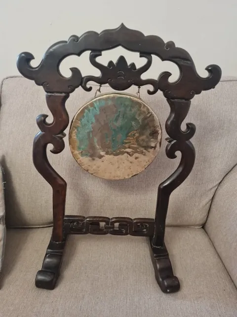 Stunning 25" Antique Chinese Dark Oak Framed Dinner Gong