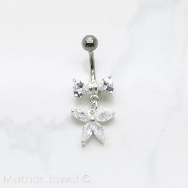 Real 925 Sterling Silver Dangle Bow Butterfly Surgical Steel Belly Navel Ring