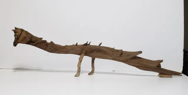 Vintage Driftwood Dinosaur Sculpture Signed Dated Large 35" Long Hand Carved