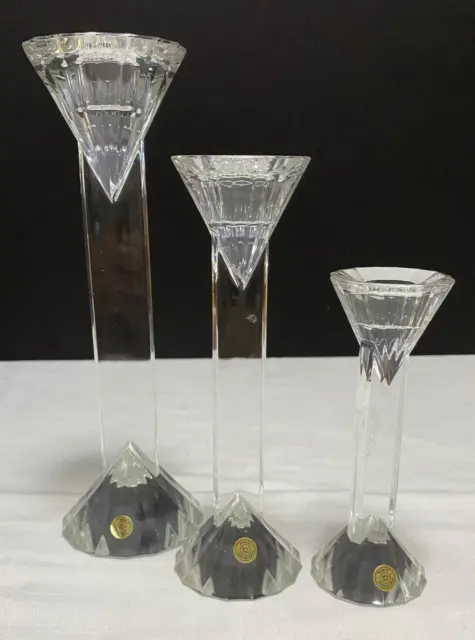 3 Graduated CZECH GLASS CANDLE STICKS Prism Cut Clear Candleholders 6/8/10"