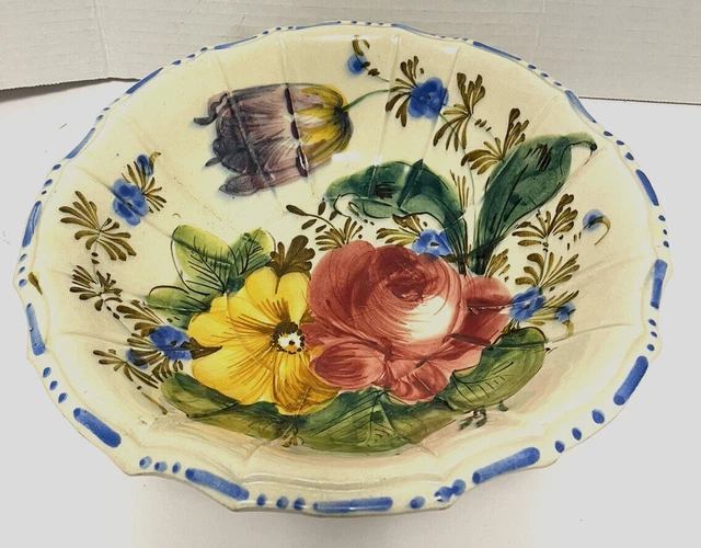 Vintage Italian Majolica Hand-Painted Nove Rose Floral Serving Bowl 10" across