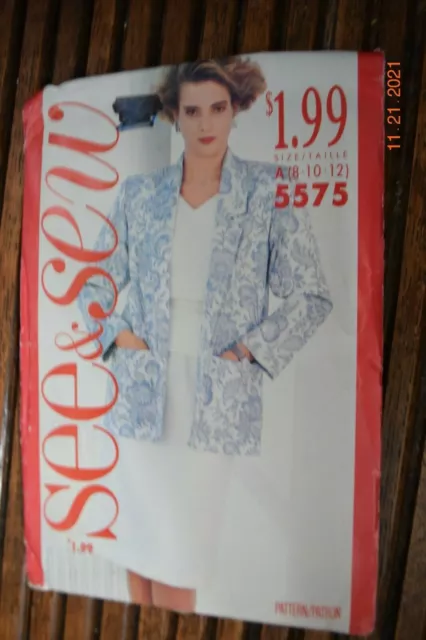 Butterick See & Sew Pattern 5575 Misses' Jacket Top Skirt Sz 8 10 12 Uncut