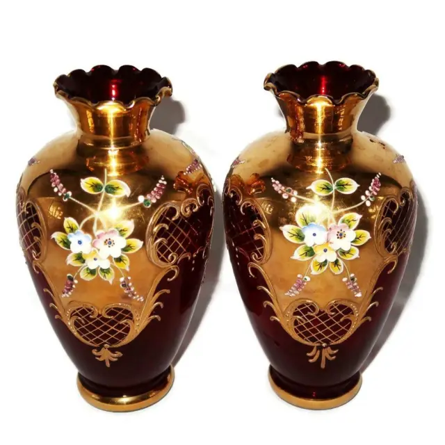 Czech Bohemian Ruby Red Gold Gilt Hand Painted Pair of Vases, 6 3/4" Tall Enamel