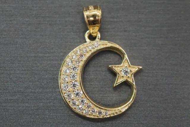 Real 10K Solid Yellow Gold 0.6" Moon And Star Cubic Zirconia Charm Pendant.