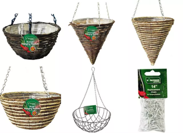 12" Rattan Hanging Baskets With Wire Chain Black Wicker Round Cone Garden Decor