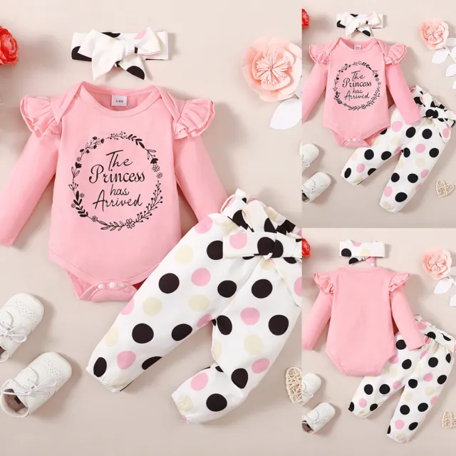 3Pcs Newborn Baby Girls Print Tops Polka Dots Pants Headband Set Outfits Clothes