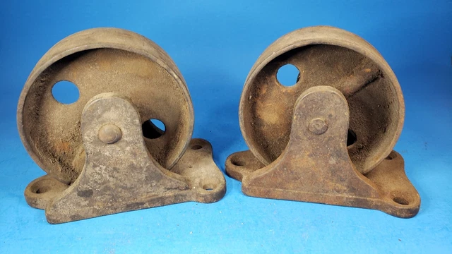 Antique Caster Wheels Industrial Steampunk Cast Iron Pair 4" Wheel 1 1/2" Wide