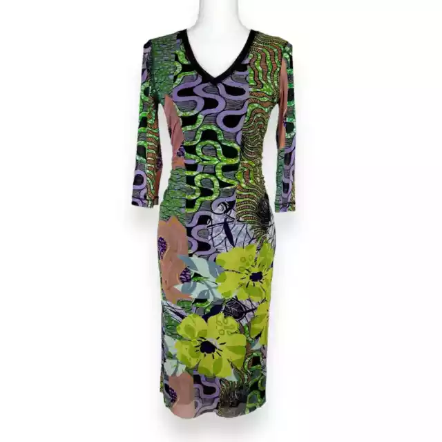 Kay Unger Abstract Floral Print Mesh Dress Women's Size Small Green Black