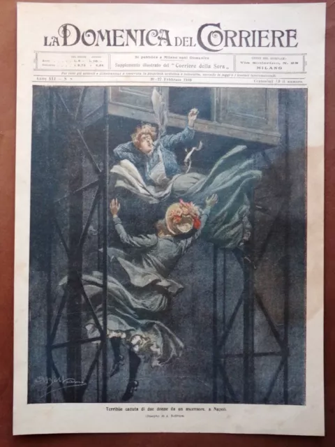 Copertina Domenica Corriere nr. 8 del 1910 Caduta Due Donne Ascensore a Napoli