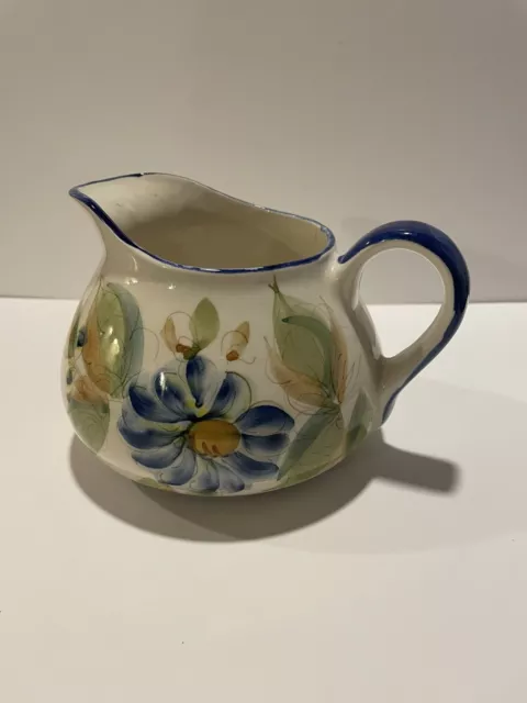 Vintage Hand Painted Floral Pitcher Milk Creamer Wine Water Jug Portugal Pottery