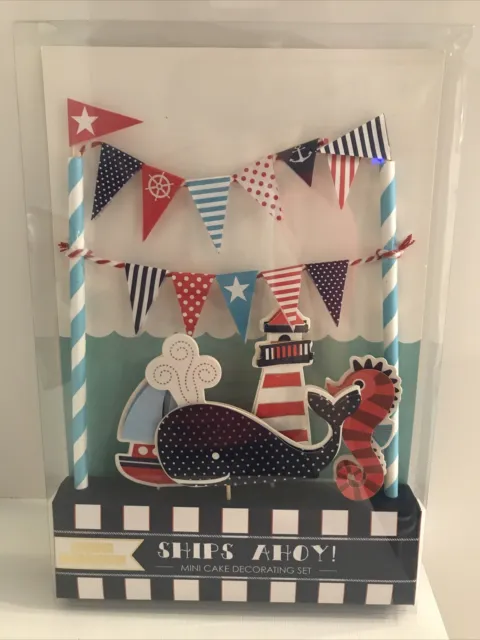 NEW Ships Ahoy Cake Topper Set- Boat, Whale,  Flags, Lighthouse Boy Birthday