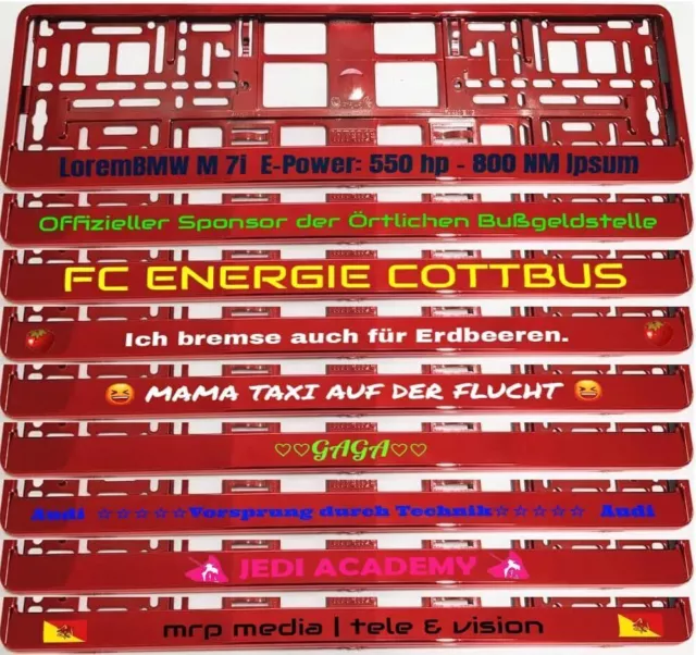 2 x Kennzeichenhalter chrom ROT WUNSCHTEXT Individuell Beschriftung Bedruckt