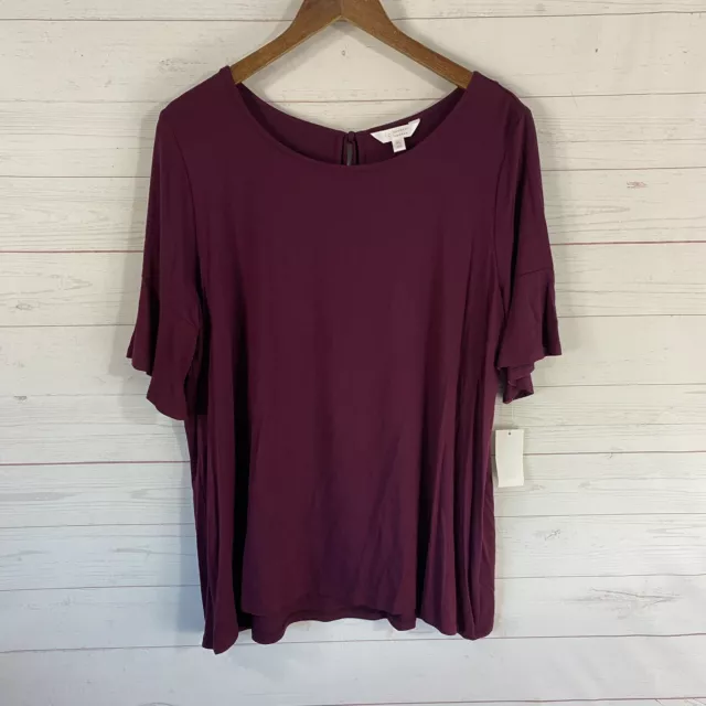 LC Lauren Conrad Short Ruffle Sleeve Knit Top XL Maroon Pullover Back Keyhole