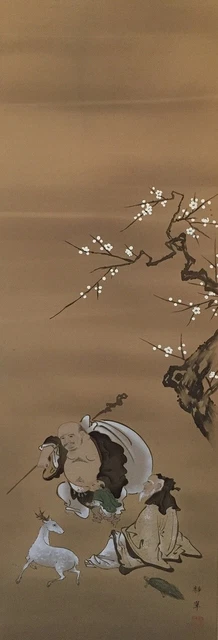 F0692 Japanese Hanging Scroll KAKEJIKU Vintage Hand Paint Silk Seven Lucky Gods