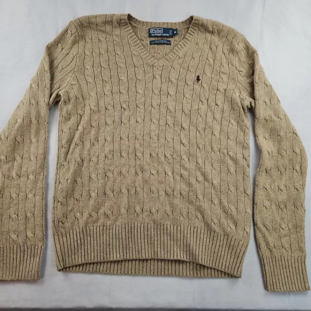Polo Ralph Lauren Sweater Cable Knit 100% Tussah Silk Brown Tan V Neck Men M