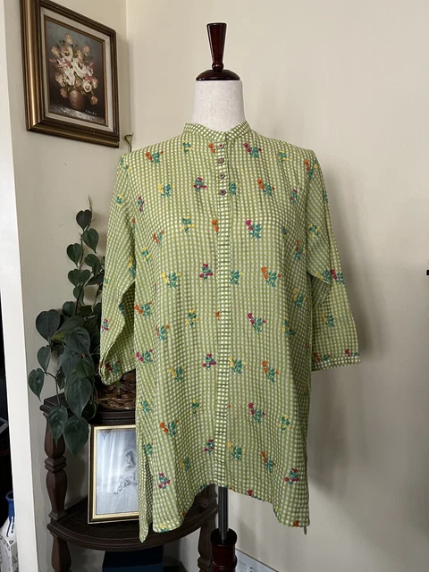 Generation Flo Green Gingham Tunic Top w Flowers sz S NEW NWT