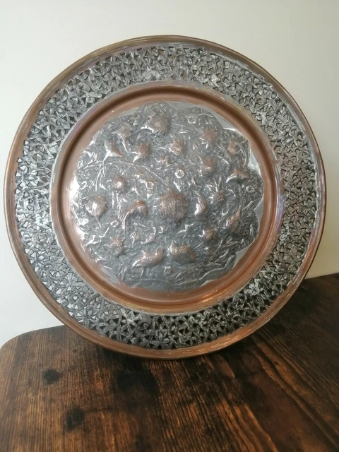 Vintage Coppered Charger Plate Brass - Moroccan - Japanese - Indian Leaf Design!