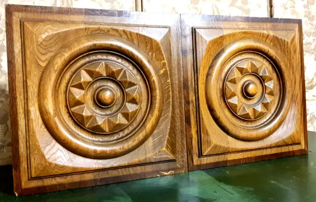 2 diamond rosette wood carving panel - Antique french architectural salvage 14"