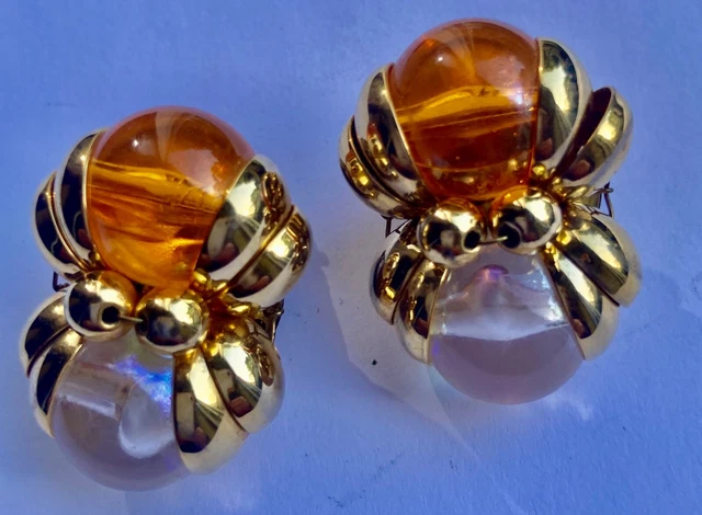 Boucles D'oreilles Art Déco Louis Rousselet - Années 40/50 - Pâte De Verre Caramel - Très Bon état