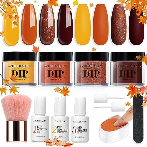 Kit de uñas en polvo de inmersión AZUREBEAUTY inicio otoño invierno amarillo naranja marrón brillante...