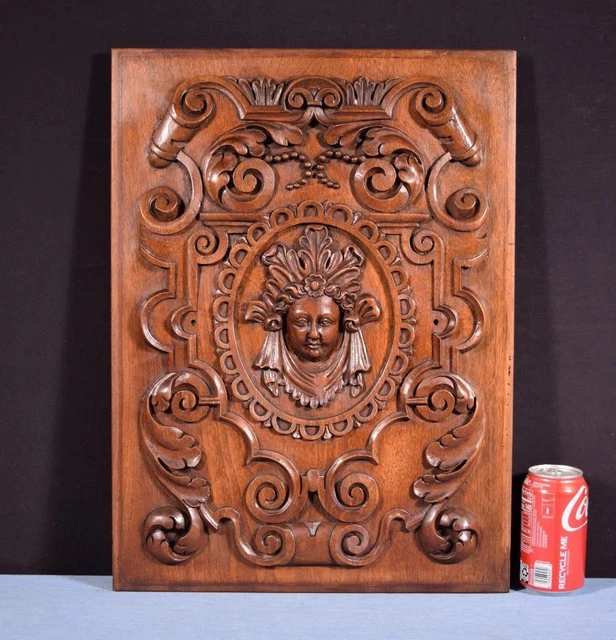 *French Antique Hand Carved Architectural Door Panel Walnut Wood with Face