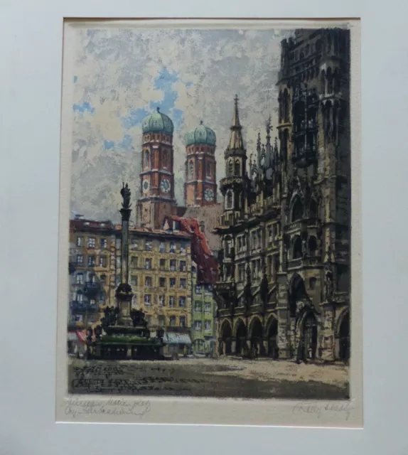 Farbradierung von Willy Scholz München Marienplatz