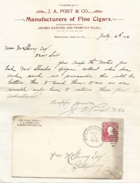J A Poist & Co McSherrystown PA 1906 Letterhead & Envelope Fine Cigars