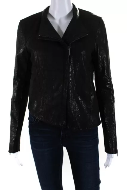Helmut Lang Womens Front Zip Ribbed Trim Leather Jacket Black Size Small