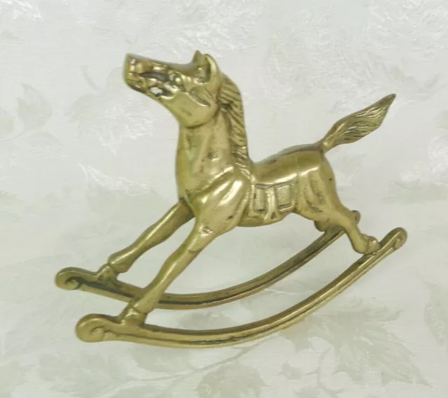 Vtg Solid Brass Rocking Horse Metal Figurine Equestrian Home Decor Nursery 5.5"H