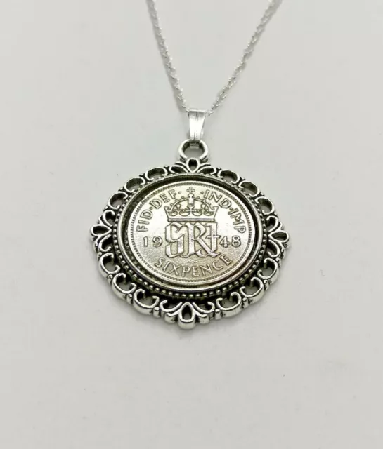 Sixpence Pendant - Silver Plated O Necklace. Birthday. Choose the Year & Length.
