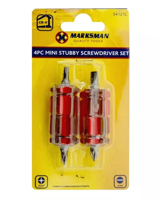 4pc MINI STUBBY SCREWDRIVER SET FLAT SLOTTED HEAD POZI DRIVE PZ1 PZ2