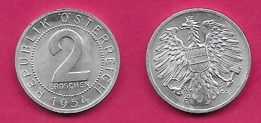 Austria 2 Groschen 1954 Unc Imperial Eagle With Austrian Shield On Breast,Ho