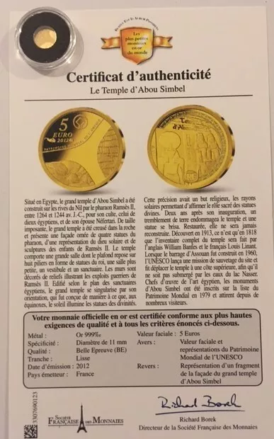 Pièce or 999% - 5 euros 2012 - BE - Abou Simbel - Sous capsule