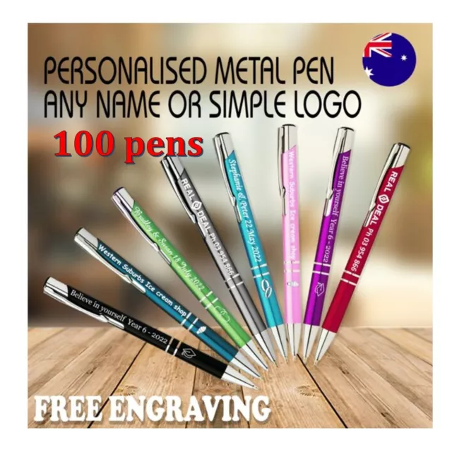 100 Personalised Custom Engraved Metal Ballpoint Pens With Logo Bulk Colours