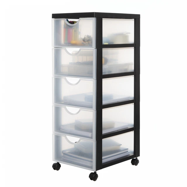 Iris Ohyama, Tour de rangement plastique sur roulettes A4, 3 Grands Tiroirs, Noir, DC-303 - Maison