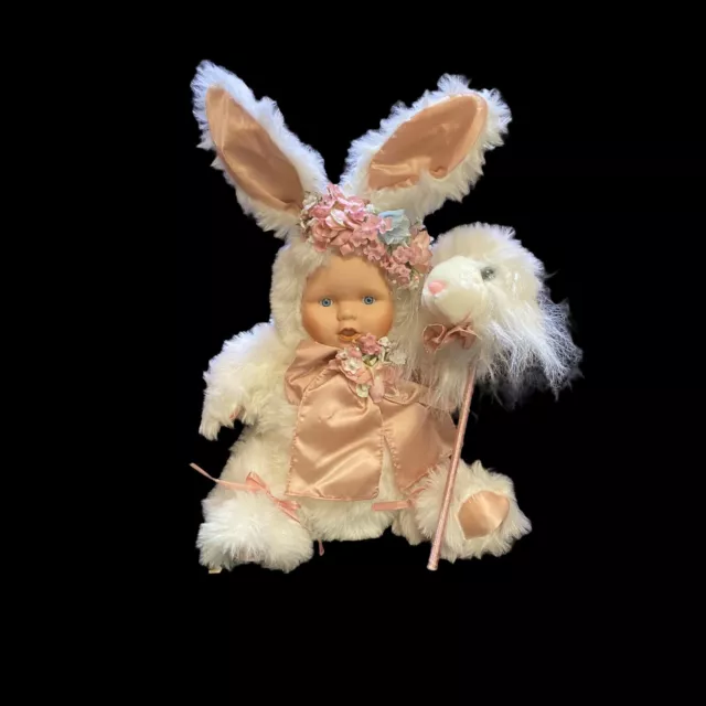 Porcelain Baby Face Bunny Rabbit Doll With Her Lamb Ride On Toy  17”  Vintage #1