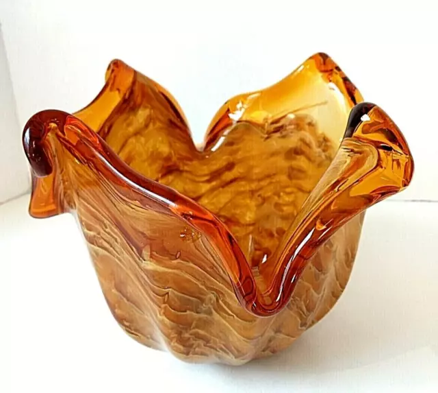 Murano Style White Crystal Glass Bowl Honey Amber Heavy Handmade Labeled, 7 1/2"