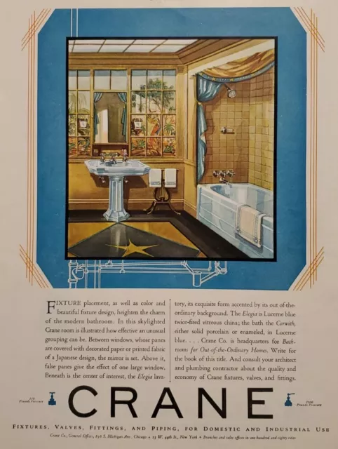 Vintage 1929 Print Ad - CRANE Bathroom Fixtures, Piping, Fittings & Valves