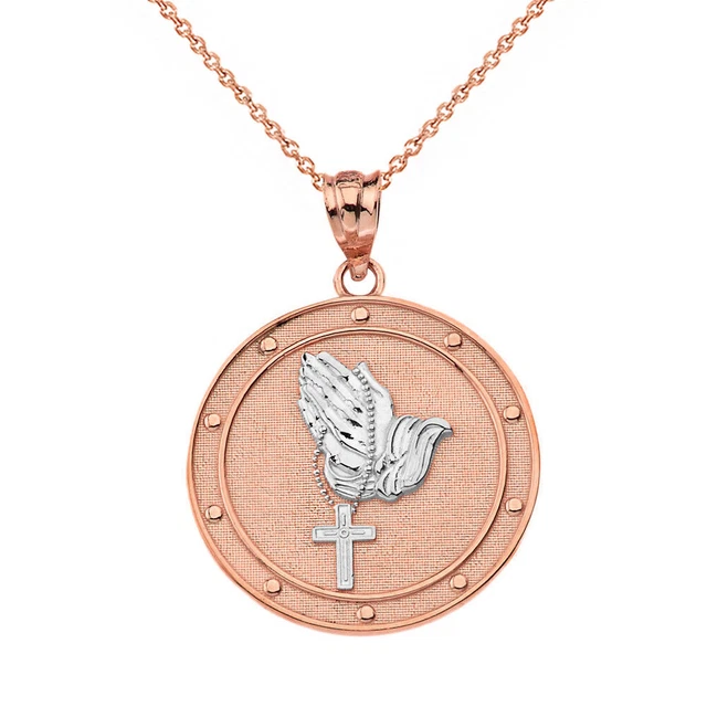 10k Two Tone Rose Gold Our Father Prayer Hands Holding Rosary Pendant Necklace
