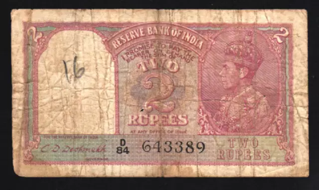 British India 2 Rupees P17 B 1943 King George Vi Lion Rare Cd Sign Money Note