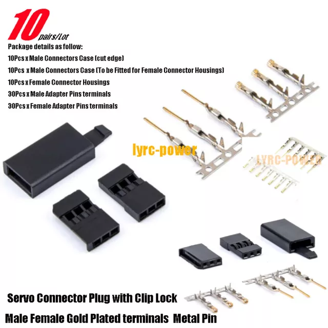 10 pairs Clip Lock Servo Connector Plug Male Female Gold Plated Pin for Futaba