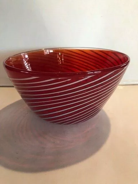 Hand Blown Art Glass Red and White Swirl Bowl Signed A.S. 2008