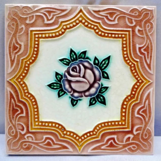 Tile Majolica Art Nouveau Flower Design Vintage Architecture Collectables Rare