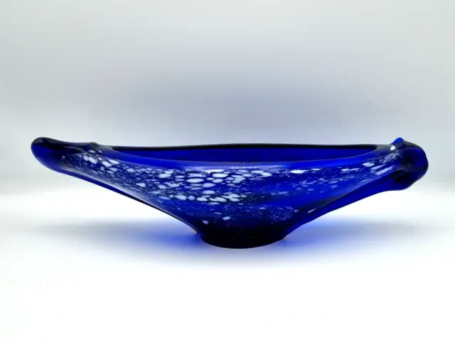 Vintage Glass Vase Centre Piece Dish Romanian Cobalt Blue Mantle Boat Vase