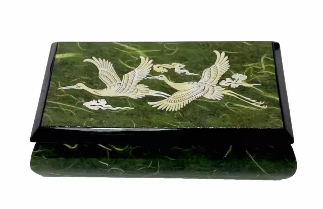 Flying Crane Mother of Pearl Handmade Lacquerware Asian Style Jewelry box Green
