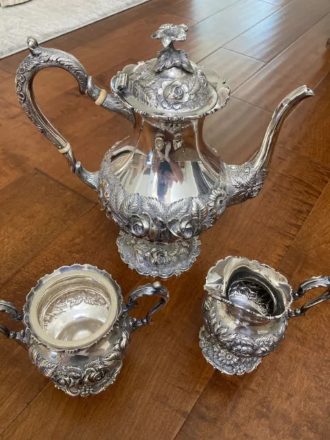 3 Pc Clean Stieff Repousse Sterling Silver Tea / Coffee Set 1937 Kirk Rose