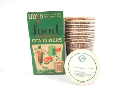 Vintage Box of 8 Lily 1 Qt. Food Storage Containers & Lids Wooden Barrel Pattern
